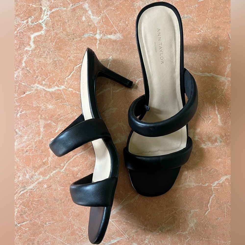Ann Taylor Factory, Strappy faux leather heels.